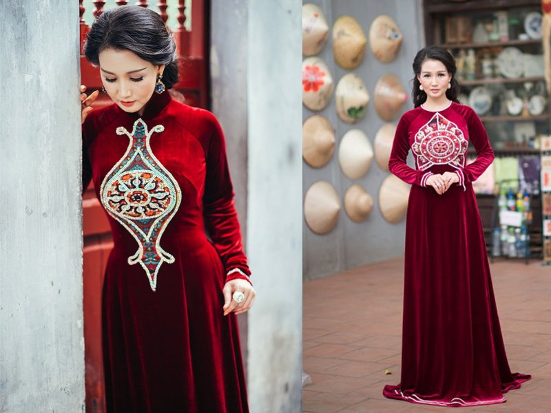 Mẫu áo dài cho mẹ cô dâu màu đỏ đầy thu hút