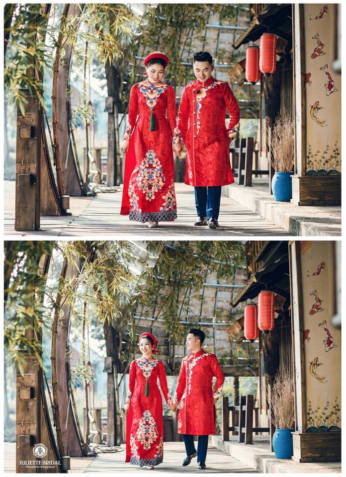 Bộ áo dài cưới màu đỏ nổi bật, đẹp tinh tế
