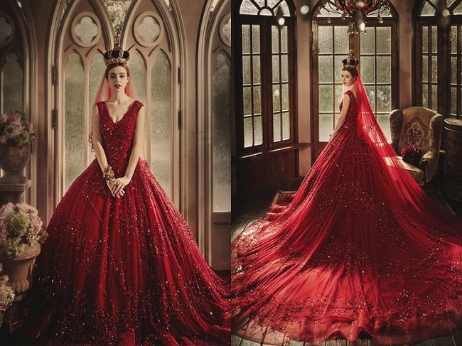  Váy cưới đỏ đuôi bồng cũng là lựa chọn hoàn hảo không kém cạnh