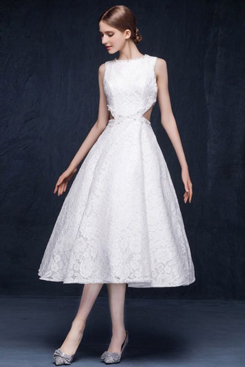 Đầm dạ hội trắng phom ngắn kèm hoa rời PCVHR202 - maxi.vn