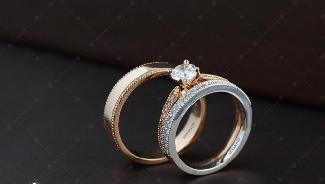 Nhẫn cưới chú rể đơn giản, nhẫn cô dâu kiểu dáng với đính hạt kim cương snag trọng