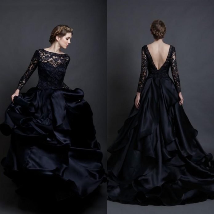 Váy cưới màu đen kiểu ren dài tay thanh lịch và cuốn hút